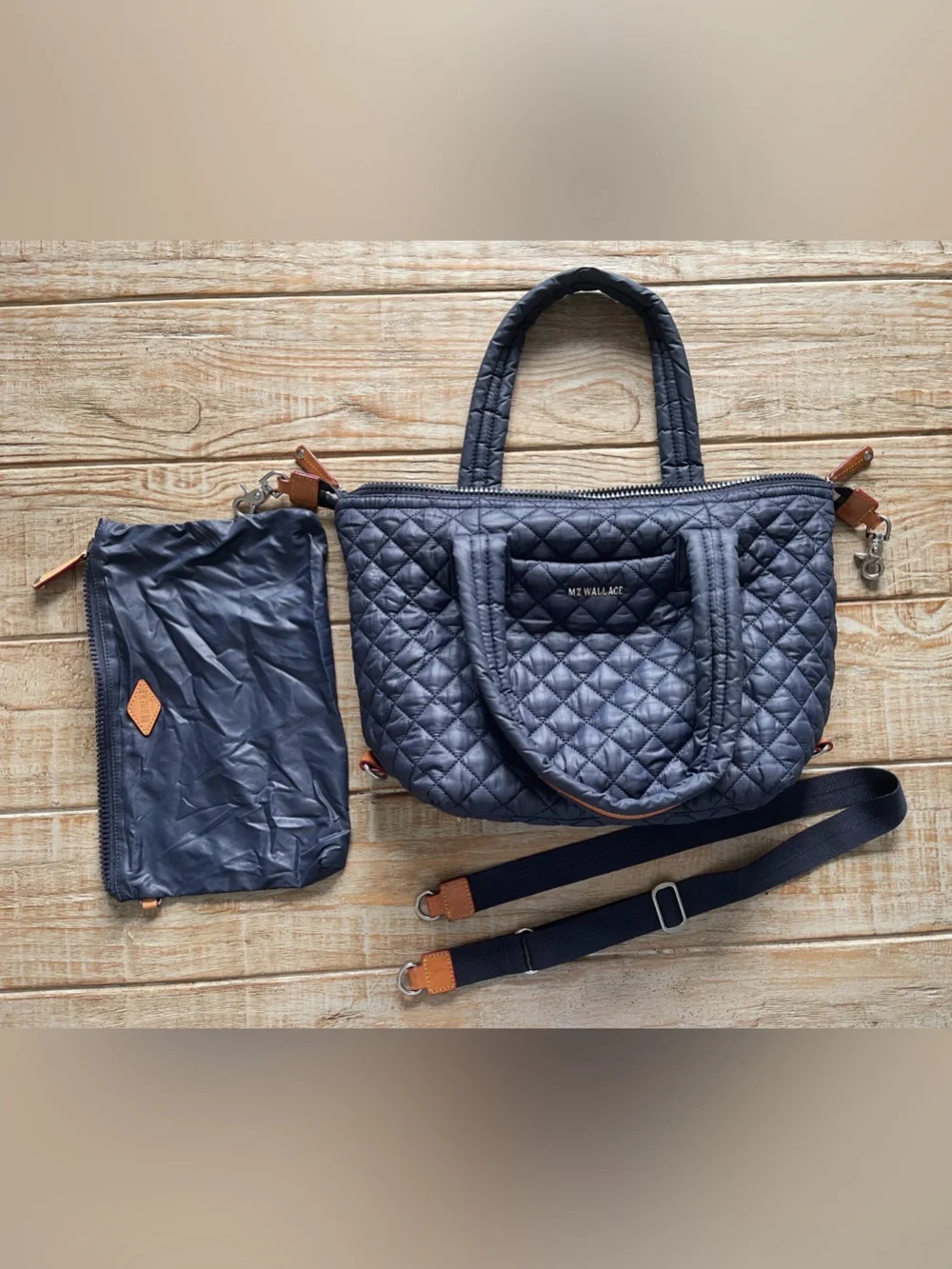 MZ Wallace Navy Quilter Medium Sutton Deluxe, Includes Duster and Straps